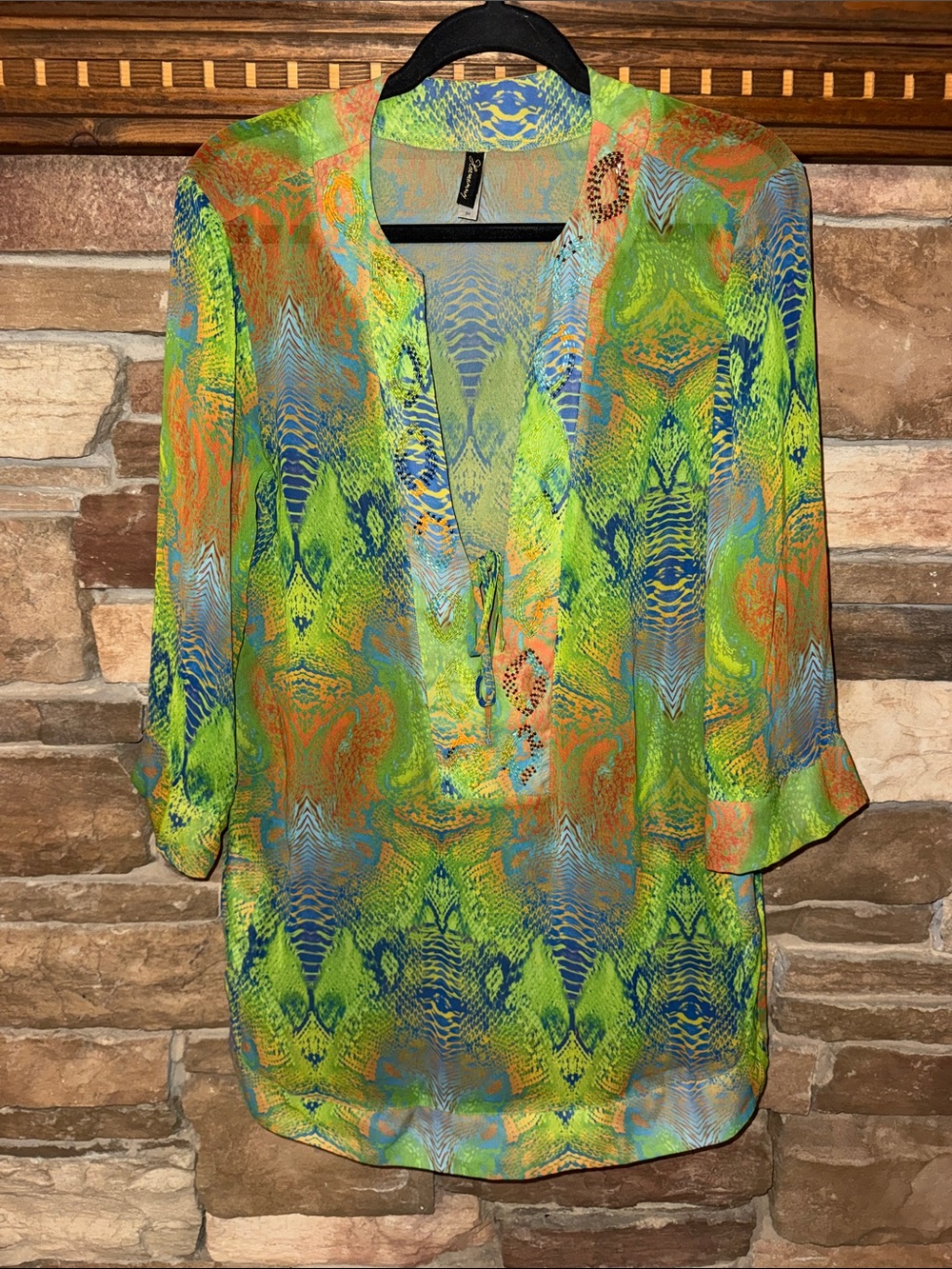 Women’s Sheer Neon Green & Blue Snakeskin Print Swim Coverup Tunic